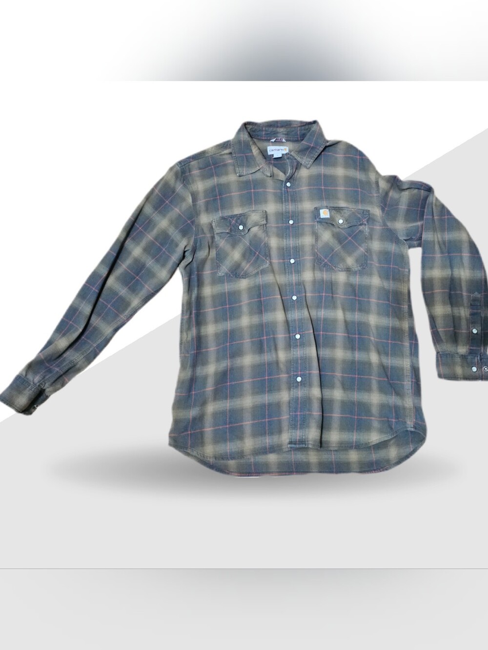Carhartt Men’s Olive Green Plaid Button-Down Shirt with Pink Trim